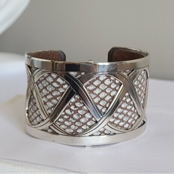 Vintage Brighton Boho Western Wide Chunky Leather Silver Tone Open Cuff Bracelet - Picture 6 of 15